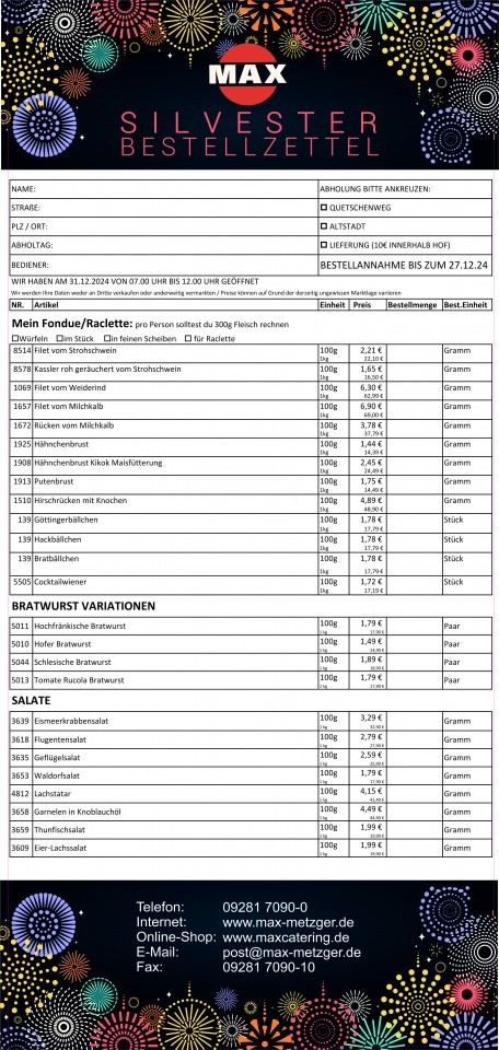 Unser Silvesterbestellzettel
