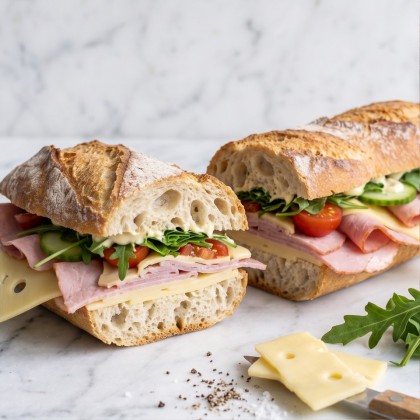 belegtes Baguette: Weißbrotstange mit gekochtem Schinken und Käse