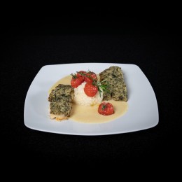Fisch: Kabeljau in Bärlauchkruste / Rieslingsauce / karamellisierte Tomaten / Parmesan Risotto - Ansicht 