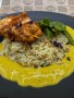 Hähnchen: Pollo Fino Spieße / Zitronen-Curry-Soße / Zuckerschoten / Mandelreis